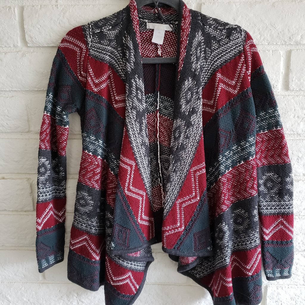 Patterned Gray And Burgundy Asymmetrical Cardigan Sweater